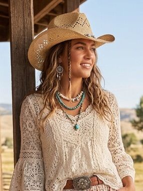 Boho Straw Cowboy Hat Beaded Stone Band Festival and Beach Ready